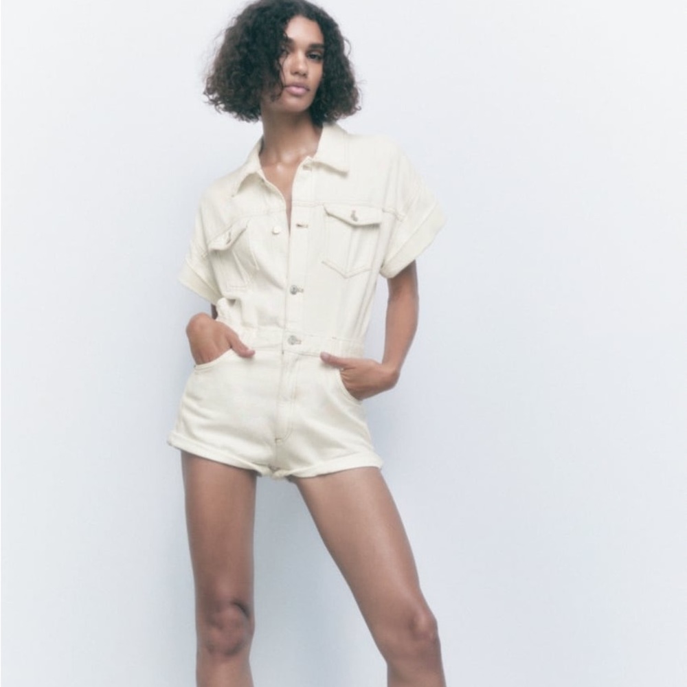 Zara Denim Jumpsuit Romper in Oyster White